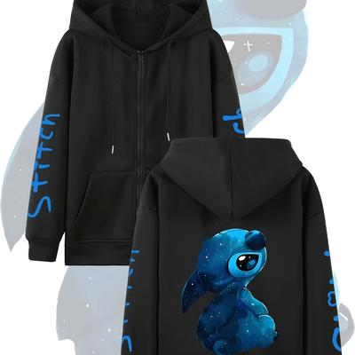 TEMU New 2025 Stitch Print Hoodie For Women - Licensed, Casual Long Sleeve Zip-up With Drawstring, Double Pockets, Black Image