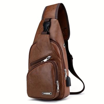 TEMU 1pc Men's Genuine Chest Bag - Adjustable Crossbody Sling With Multiple Zippered Compartments, Light Brown Casual Outdoor Travel Bag For Everyday Use, Secure Zipper Closure Image