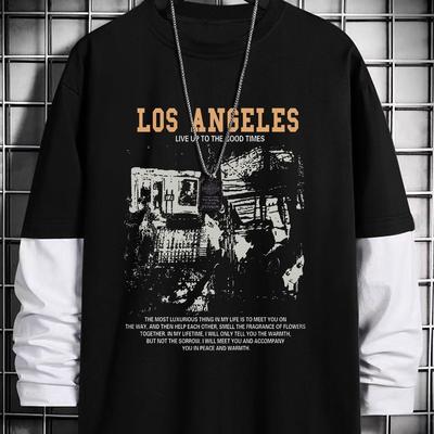 TEMU Men's Los Angeles Casual Long Sleeve T-shirt - Polyester Knit Fabric, Loose Fit, Crew Neck Tee With Stretch, Heat Transfer , For Casual Weekend Wear Image
