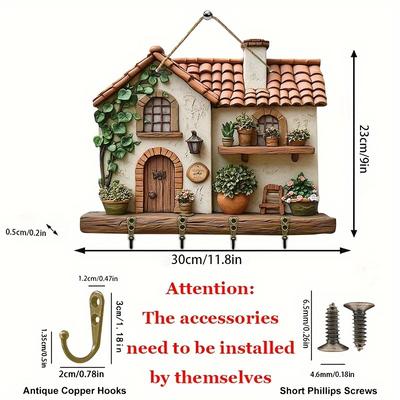 TEMU A Wooden Crawling Country House Hook - Featuring 4 Metal Hooks (11.8 Inches X 9 Inches), Suitable For Porch Decor, Room Decor, Villa Decor, And Seasonal Home Decoration. Image