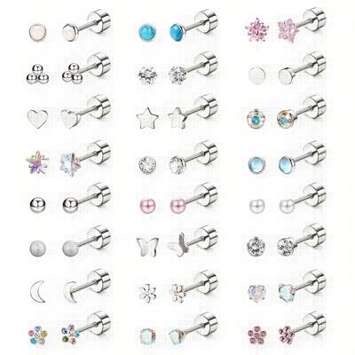TEMU 24 Pairs Women's Screw-in Earrings Surgical Stainless Steel Hypoallergenic Cartilage Studs Small White Stone Cz Flat Back Piercing Jewelry Set Multicolor Image