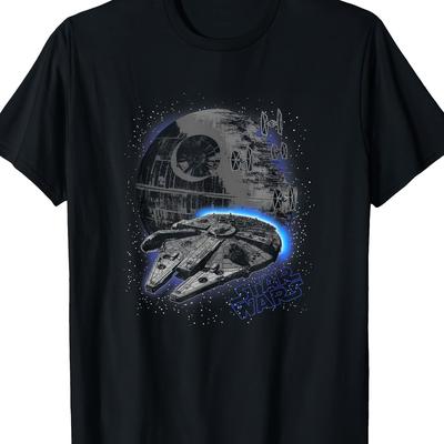 TEMU Star Wars Classic & Graphic T-shirt - 100% Cotton 220gsm, Black With Print, Regular Fit Short Sleeve Casual Tee For Men, Machine Washable Image