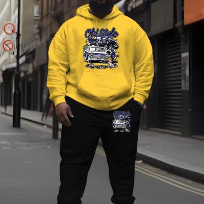 TEMU Printed Hooded Sweatshirt Set For Men In Large Size, Autumn And Winter Casual Sportswear, Plus Size Image