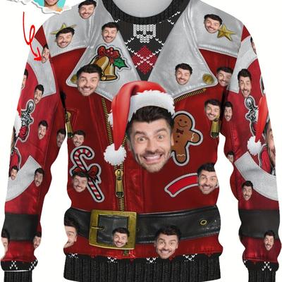 TEMU 1pc Men's Christmas Themed Pullover Sweatshirt, Casual Crew Neck Knitwear, Polyester , Regular Fit, With , For Long Sleeve Holiday Gift Image