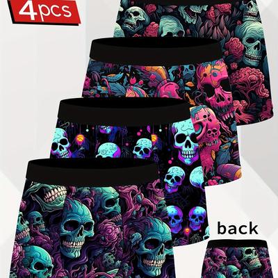 TEMU 4-pack Men's Novelty Boxer Briefs With Elastic Waistband - Polyester, Quick-dry & Breathable, Neon Skull Print Underwear For Casual Wear Or Themed Events Image