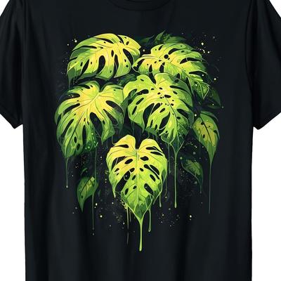 TEMU Men's Monstera Botanical Print T-shirt - 100% Cotton Casual Short Sleeve Tee With Vibrant Tropical Leaf Design, Regular Fit Round Neck, Machine Washable For Casual Attire Image