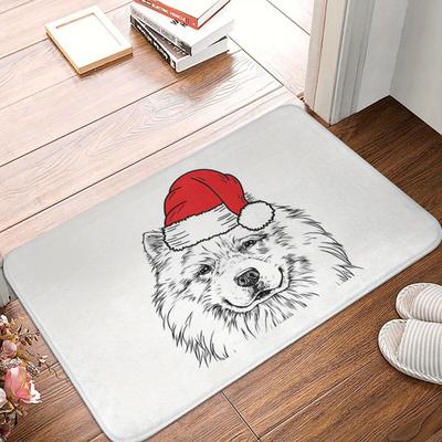 TEMU 1pc Samoyed Santa Dog Flannel Doormat – Non-slip Holiday For Living Room Or Bedroom, Lightweight & Machine Washable, White With Red Santa Hat Design, Best For Christmas Image