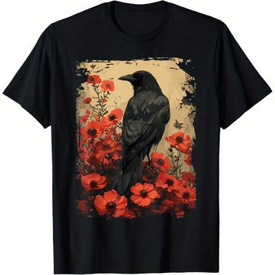 TEMU Gothic & Red Poppy Graphic T-shirt - 100% Cotton, Vintage Floral , Breathable 190g Fabric, Casual Tee For , Gift For Christmas & New Year, S-xxxl, Black Image
