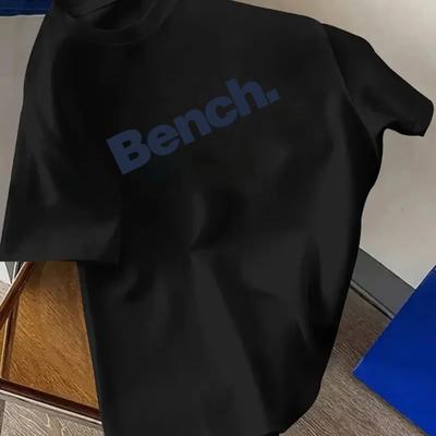 "TEMU Men's Casual Crew Neck Short Sleeve T-shirt - , White With Navy Blue "bench" Print, Lightweight & Breathable Fabric, Everyday Wea" Image