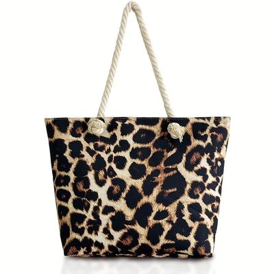 TEMU Women's Leopard Print Tote Bag - Stylish Large Capacity Beach Bag With Adjustable Shoulder Strap & Zipper Closure, Durable Polyester For , Pool, Beach, Casual (coffee/white/black) Image