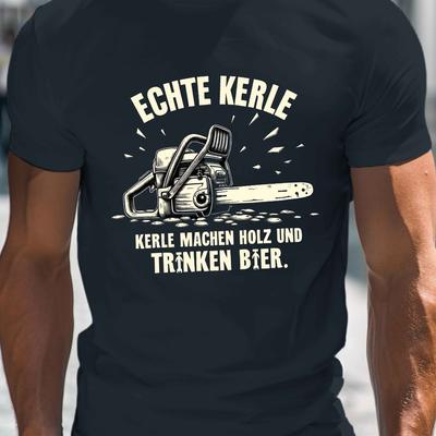 TEMU Chainsaw With German Text Print, Men's Round Crew Neck Short Sleeve Tee, Casual T-shirtcasual Comfy Lightweight Top For Summer Image