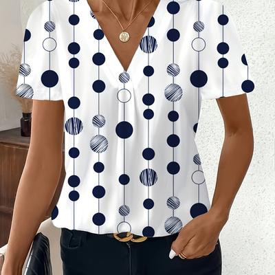 TEMU Women's Elegant V-neck Blouse - Navy & White Polka Dot Print, Lightweight Breathable Fabric, Machine Washable, Spring Summer Casual & Formal Wear, Daytime Fashion, Quality Fabric Image