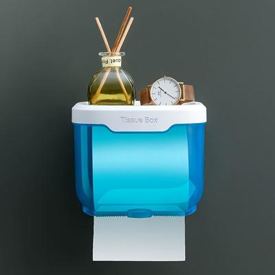 TEMU 1pc Wall-mounted Toilet Paper Holder With Self-adhesive Backing, Waterproof Plastic Bathroom Tissue Box Cover In Blue, White, Or Pink - Space-saving Design For Modern Bathrooms, Bathroom Storage Image
