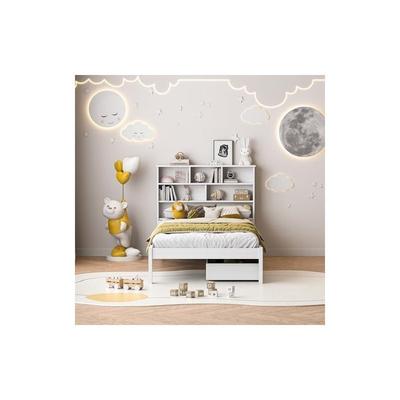 TEMU Ycz Single Bed 90x200, Bed With 2 Drawers For Storage, Nightstand With Shelves, Solid Wood Bed Frame For Youth, Adults, Guest Bed, Children's Bed, White Image