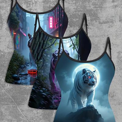 TEMU 3pcs Women's Floral Print Tank Tops - Elegant Sleeveless Camisoles With Vibrant Tiger & Designs, Summer Casual Wear, Summer Casual Wear|stylish Women's Tops|stretchy Image