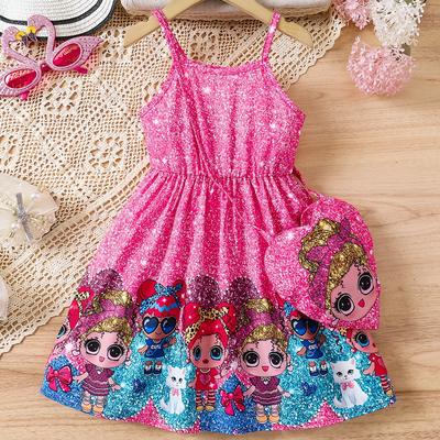 TEMU Girls' Sleeveless Dress With Matching Bag - Cute Print, Purple Glitter & Heart Details, Pleated Knee-length Summer Party Outfit, Machine Washable For Birthdays & Casual Wear Image