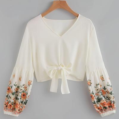 TEMU Zd1224395 Women's Short V-neck Printed Top With Front Tie Detail - Long Sleeve, Loose Fit, Elegant Spring/autumn 's Top Image