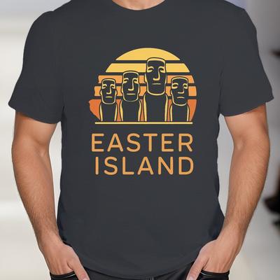 TEMU Nice Men's Moai Statues Graphic T-shirt - Black Casual Short Sleeve Tee With Orange Geometric Print, Lightweight Summer Top, Regular Fit, Machine Washable, Shirt Image