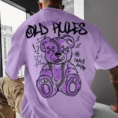 "TEMU Men' Style Graphic T-shirt - "old Pals" Design With Purple Bear Illustration, Loose Fit, Round Neck, Casual Summer Tee, Casual Summer Wear | | , Bear Shirt" Image