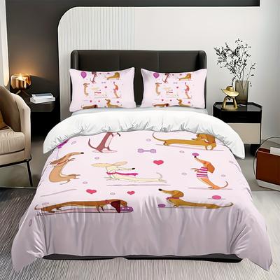 TEMU 3pcs Pink Cartoon Dachshund Pattern Printed Quilt Cover Set (1 Quilt Cover + 2 Pillowcases, ) Soft And Comfortable Bedding, Suitable For Decorating Men's And Women's Rooms, Hotel Rooms Image