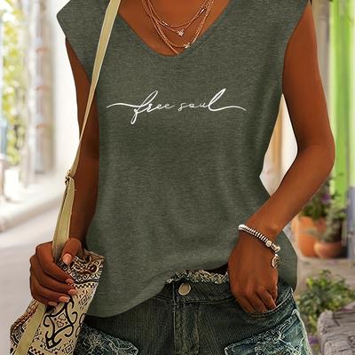 TEMU Letter Print V Neck Short Sleeve T-shirt, Casual Polyester Blend, Medium Stretch, Regular Fit, Spring/summer Image