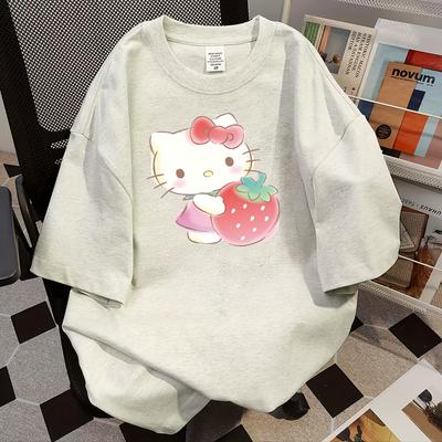 TEMU For Hello Kitty Strawberry Graphic T-shirt - Soft Gray, Long Sleeve, Casual Wear, Birthdays & Holidays, Unisex Gift, Uncharged, Casual Wear Tee | Design | Durable Fabric, For Hello Kitty Image