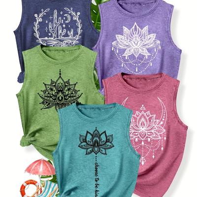 TEMU 5pcs Floral Print Women's Sleeveless Tank Tops - Casual, Stretchy, Round Neck, , Spring & Fall, Relaxed Fit, , Casual Wear|floral Tank Tops|stretchy Fabric Image