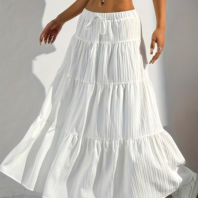 TEMU Women's Elegant High-waisted Pleated Maxi Skirt - White, Flowy, Loose Fit With Ruffle Detail, Spring/summer/fall, Casual Attire|ruffle Detail Skirt|draped Fabric Image