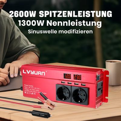 TEMU Lvyuan 1300w/2600w () Car Power Inverter, Car Electronic Inverter, 12v To Ac 230v Car Power Converter With Led Display For Car Outdoor Camping Home Emergency, Red, Black, Without Battery Image