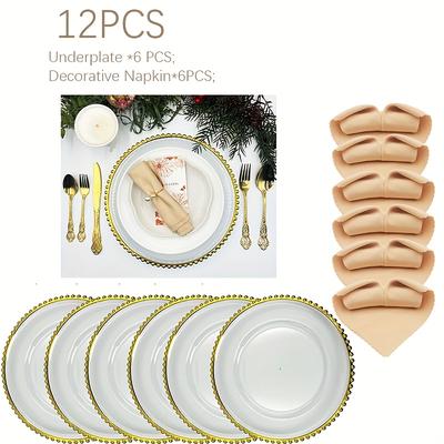 TEMU 12pcs Party Favor Set - Includes 6 Gold-beaded Decorative Plates And 6 Cloth Napkins - An Elegant Table Decoration For Weddings, Birthdays And Holiday Parties Image