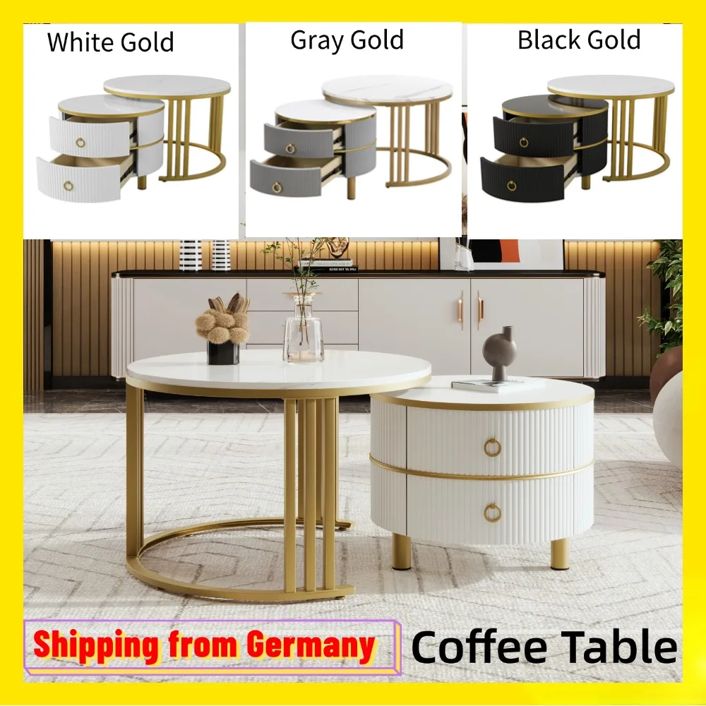 Comanlai 2-in-1 runder MDF-Couchtisch, Beistelltisch mit 2 Schubladen, Couchtisch für Wohnzimmer, 70 x 70 x 46 cm + 50 x 50 x 40 cm