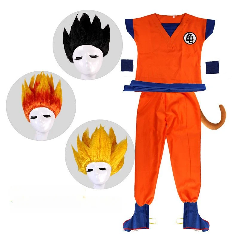 Dragon Ball Kinder Son Goku Cosplay Kostüm Krillin Trainingsanzug Anime Kostüm mit Super Saiyajin Perücke Armbänder Schwanz Überschuhe Image