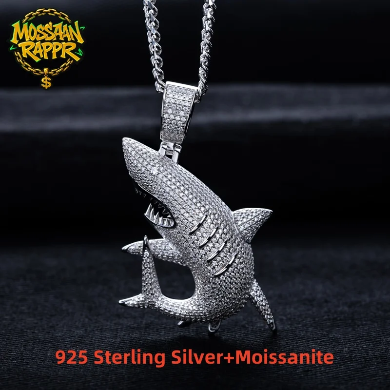 MossanRappr 2,79 cttw Moissanit Big Shark Anhänger Iced out Hip Hop Halskette 925 Sterling Silber männer Punk Schmuck Dropshipping Image