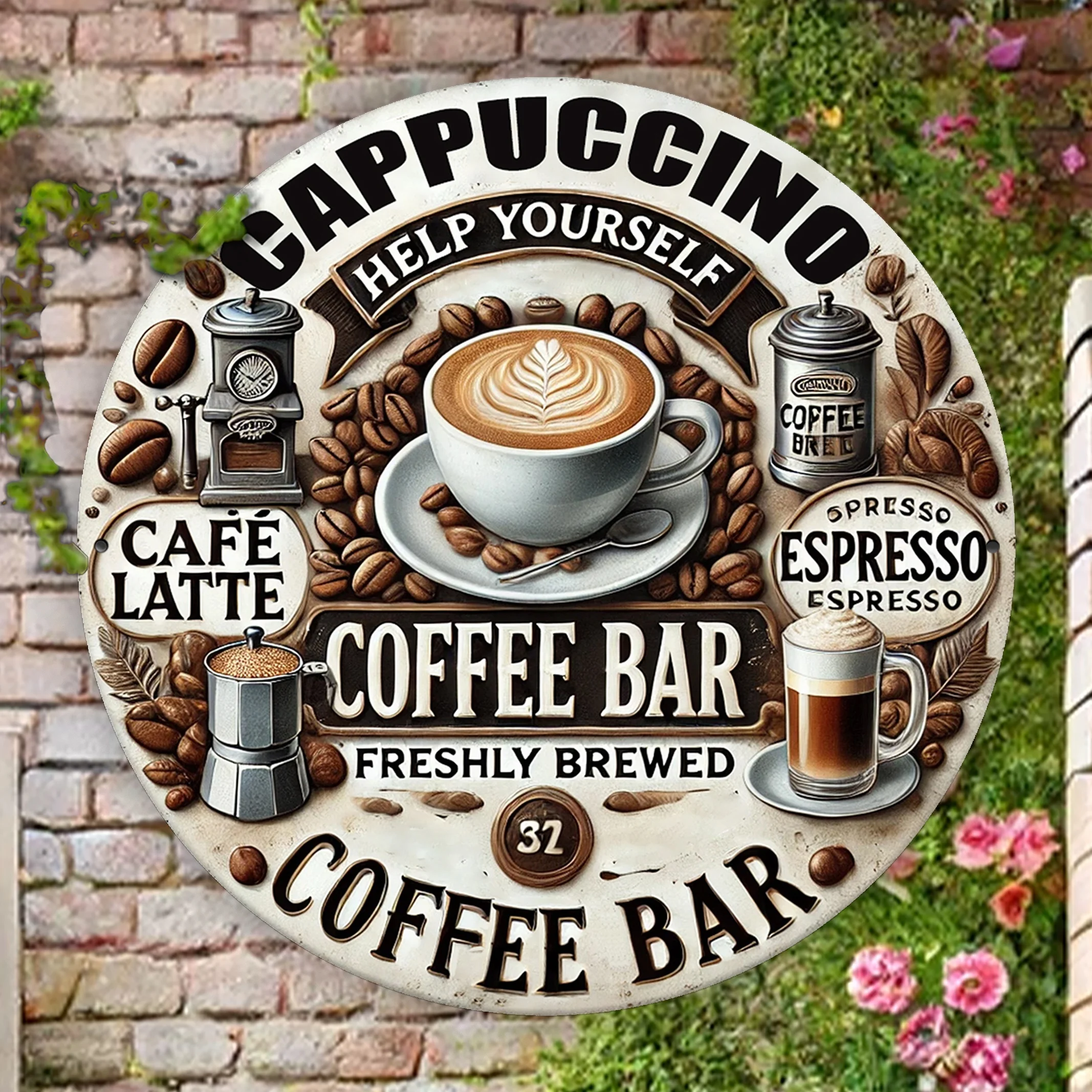 Rundes Kaffeebar-Schild aus Aluminium – ideale Wanddekoration für Zuhause, Café und Restaurant – 2D Image
