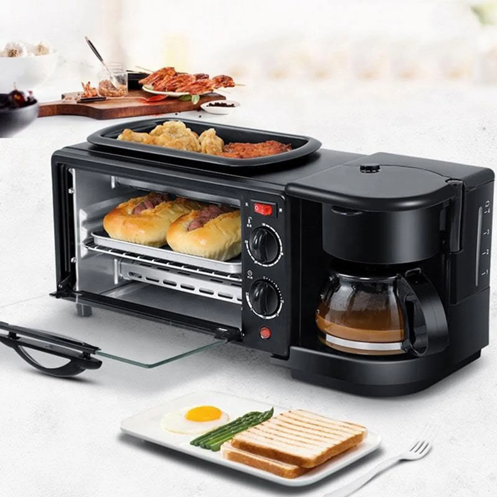3-in-1-Frühstücksbereiter mit Glasdeckel, vielseitige Toaster mit Bratpfanne, Mini-Ofen, inklusive Kaffeemaschine für die Sandwich-Küche Image