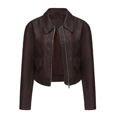 Ashirexll Leather Jacket Women Fall Oversized Solid Color Short Thin Leather Jacket Long Sleeve Lightweight Zip Up Motorcycle Jacket Biker Coat Brown M