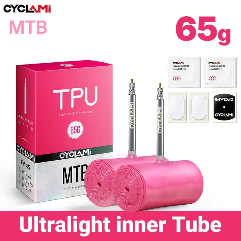 CYCLAMI Camera d'Aria Ultraleggera per Bici MTB 26 27.5 29 Pollici, Pneumatico Bici in TPU 45mm con Valvola Presta Francese in Metallo, Super Leggera per 1.9~2.5