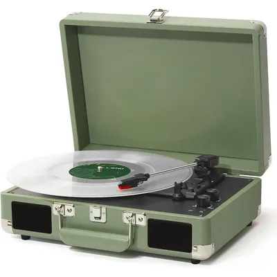 Portable 3-Speed Suitcase Vinyl Player, Treble & Bass Control, Built-in Speakers, 3.5mm Jack,