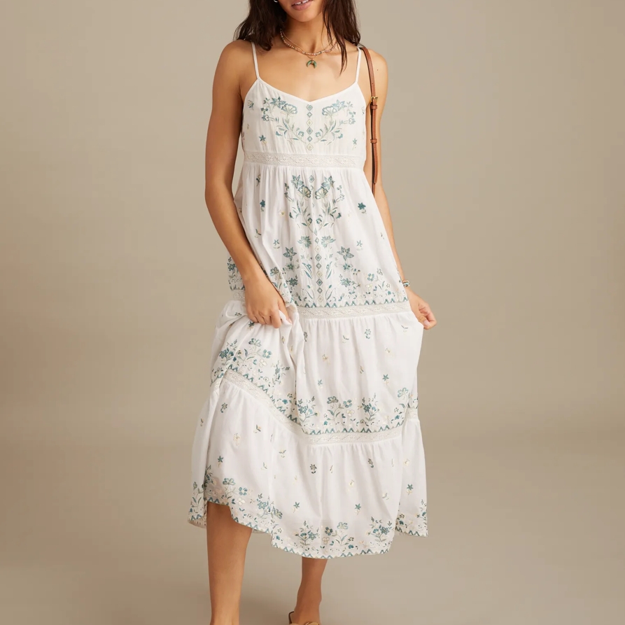 Lucky Brand Embroidered Floral Maxi Dress - Women's Clothing Dresses Maxi Dress in Cream, Size L