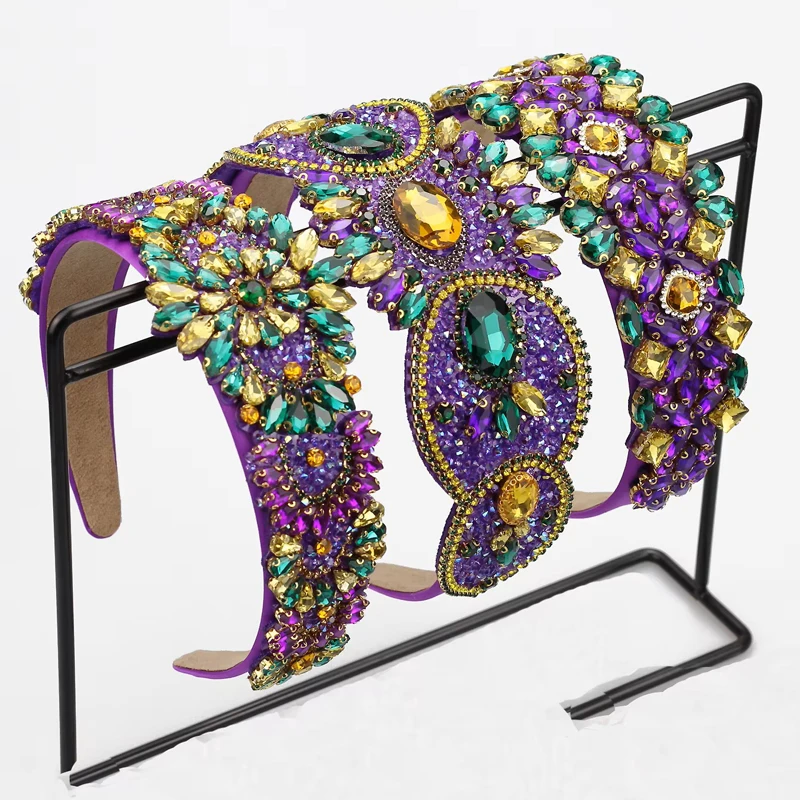 Luxuriöse grüne und violette Kristall-Barock-Stirnbänder für Damen, glänzende Strass-Haarbänder für Schönheitswettbewerbe, Hochzeiten und Haaraccessoires Image