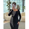 2025 frauen Promi Sexy Langarm Quadrat Kragen Diamanten Schwarz Midi, Figurbetontes Kleid Elegante