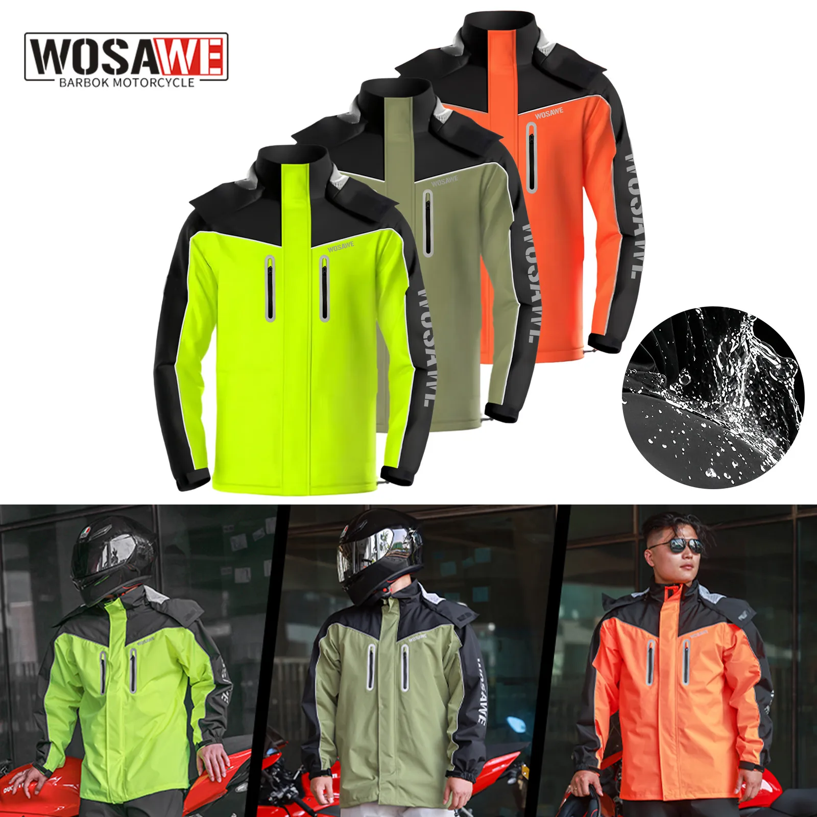WOSAWE Motorrad Regen Männer Frauen Motorrad Split Wasserdichte Jacke Mehrfarbige Reflektierende Tragbare Regenmantel mit Kappe Image