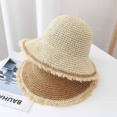 Boho Chic Raw-Hem Straw Sun Hat Summer Hats For Women Wide Brim Beach Hat Seaside Holiday Bucket Hat Adjustable Foldable Sunhat
