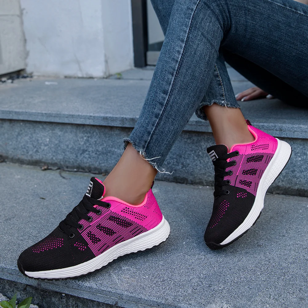 Freizeitschuhe für Damen, modische, atmungsaktive, gestrickte, flache Sneakers, Damen-Sneaker, vulkanisierte Gym-Sneaker, weiße Damenschuhe