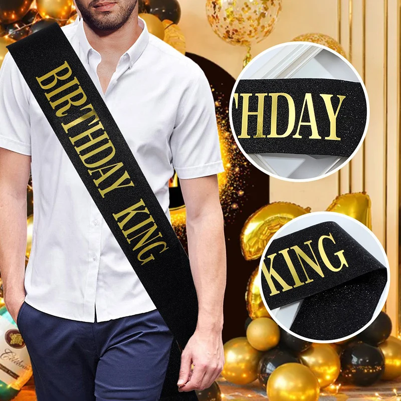Schwarzgoldene Geburtstagskönigsschärpe für Männer, Jungen, alles Gute zum 16., 18., 20., 30., 40., 50. und 60. Geburtstag, Party-Dekorationszubehör, Geschenk Image