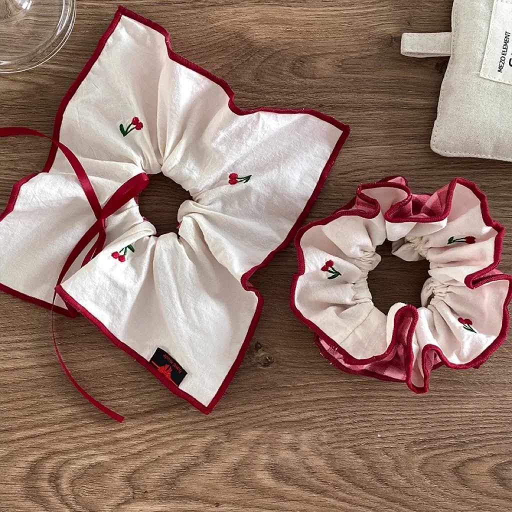 Women's New Scrunchies Sweet Style Red Embroidered Cherry Bow Handkerchie Kawaii Hair Tie Red Hair Acsessories Trendy Hair Clips Image