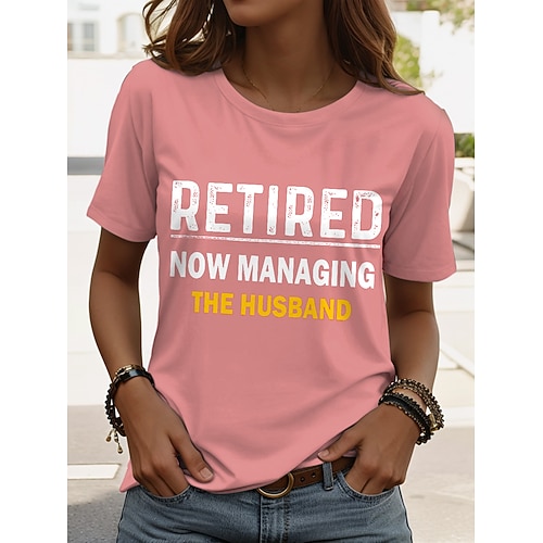 Damen T-Shirt Retired Graphic Letter Vintage Stylish Klassisch Kurzarm Crew Neck Rundhalsausschnitt Regulär Tops Täglicher Wochenenddruck Schwarz Pink Rot Blau Lila Sommer Image
