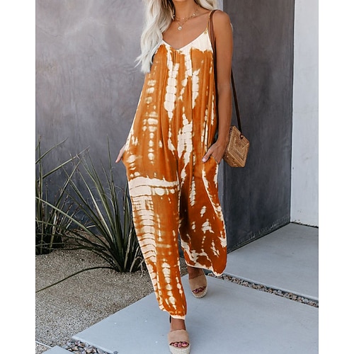 Damen Normal Overall Streetwear Batik Ärmellos V Ausschnitt Tasche Straße Täglich Normale Passform Gelb Rosa Rote Sommer Image