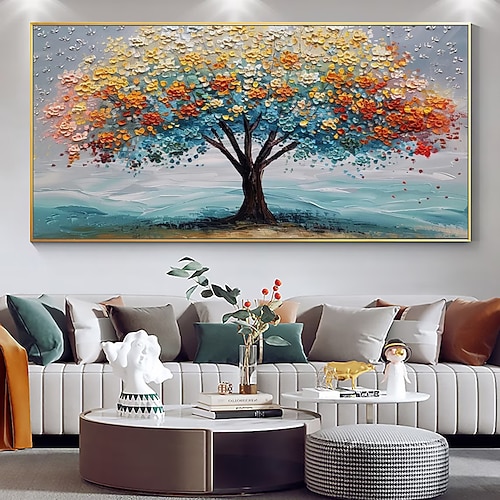 Mintura handgefertigte 3D-Ölgemälde mit Baum- und Blumenlandschaft auf Leinwand, Wandkunst, Dekoration, modernes abstraktes Bild für die Inneneinrichtung, gerolltes, rahmenloses, ungedehntes Gemälde Image