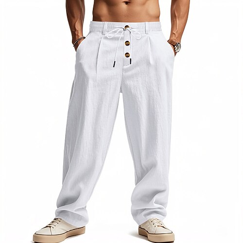 Herren Leinenhosen Hose Sommerhose Strandhose Kordelzug Tasche Elastischer Bund Einfach Komfort Atmungsaktiv Täglich Strand Urlaub Hawaiianisch Boho Hellkaki Schwarz Mikroelastisch Image